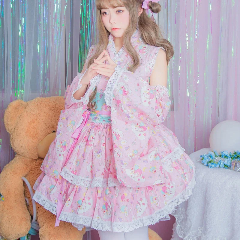 Disfraz de Lolita rosa para mujer, conjunto completo de Kimono con estampado de dibujos animados Kawaii, vestido de niña dulce para carnaval y Navidad