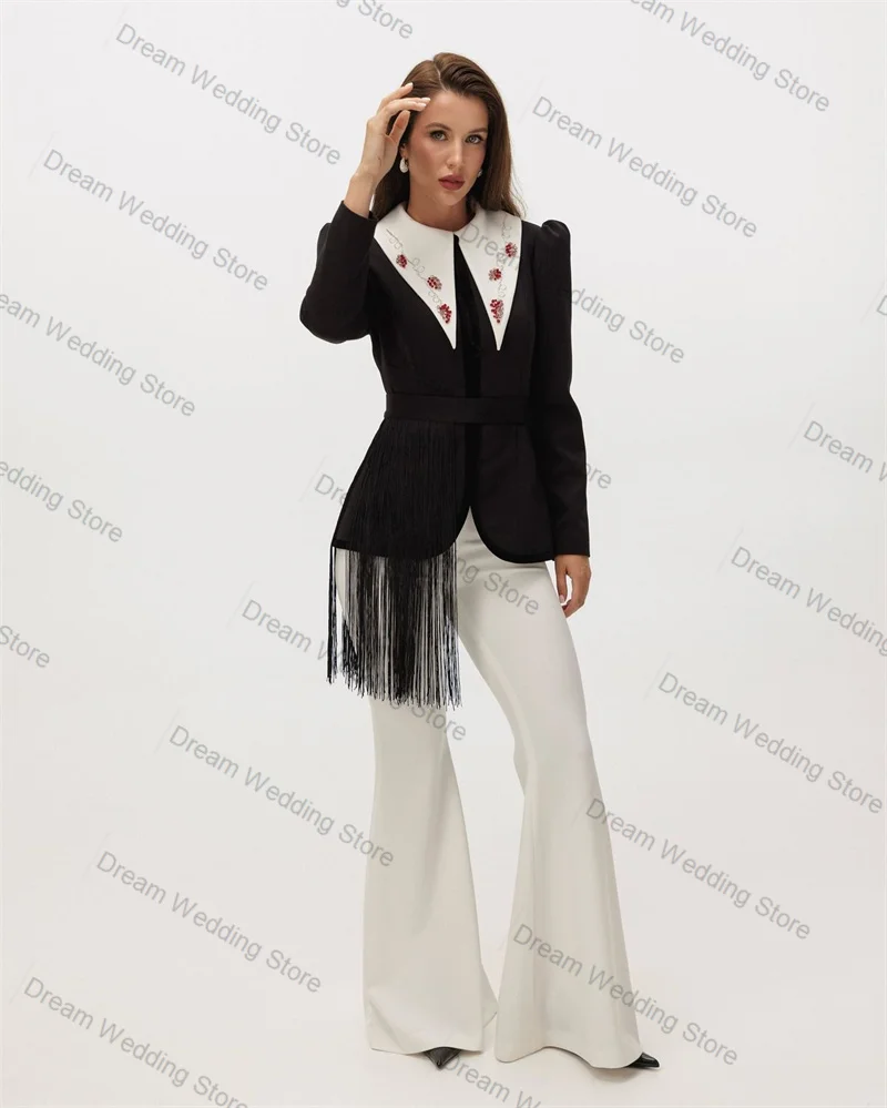 Tassel Crystals Women Suit Set 2 Pcs Blazer+Pants Autumn Black Formal Office Lady Jacket Customized Guest Wedding Tuxedos Coat