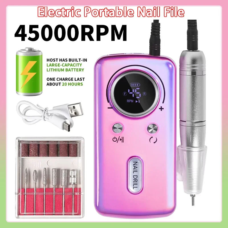 45000RPM Nail Drill Machine Electric Portable Nail File Rechargeable Nail Sander for Gel Nails Polishing For Home Manicure Salon