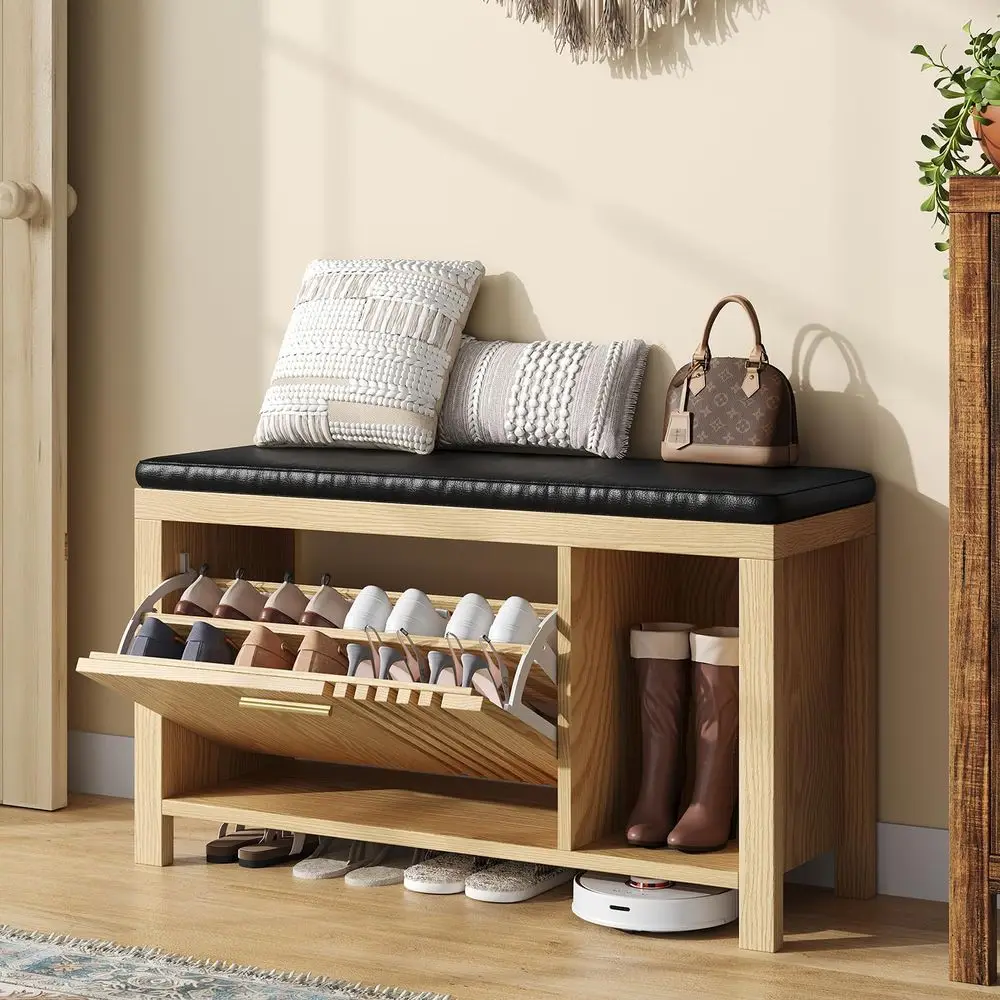 

40 Shoe Storage Bench with Cushion, Open Shelves, and Slatted Door, Ideal for Entryway, Hallway, or Living Room, Natural Finish