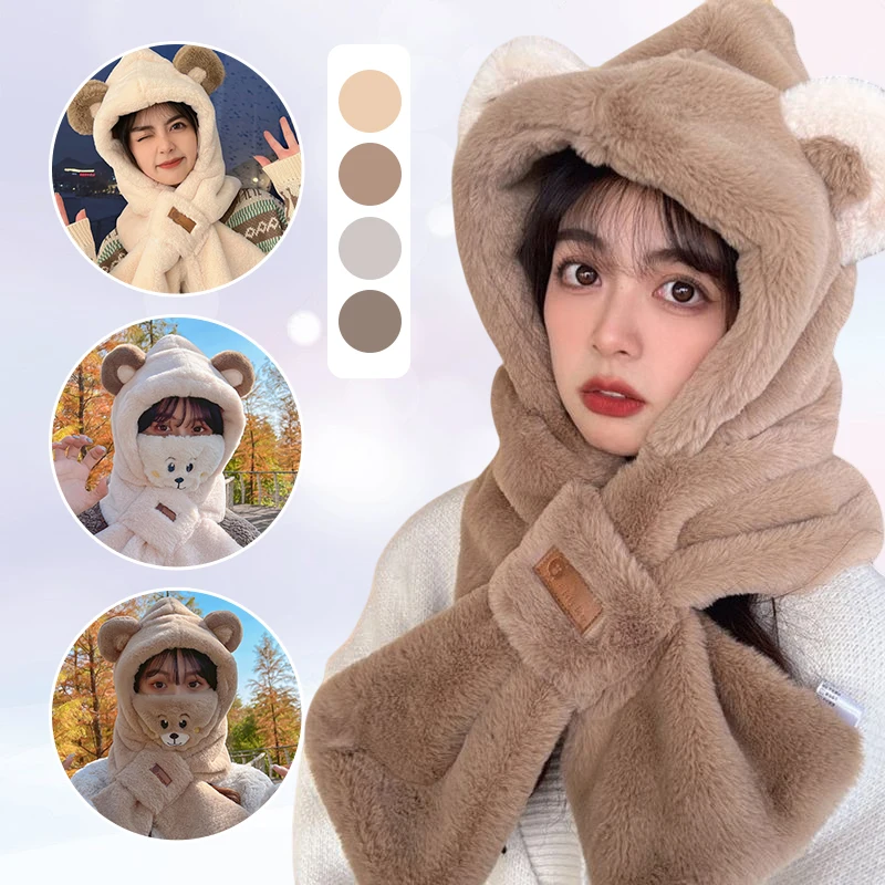 Cartoon Cute Bear Plush Thickened Hat Earmuffs Ladies Scarf Windproof Mask Students Autumn And Winter Warm Outdoor Cycling Scarf