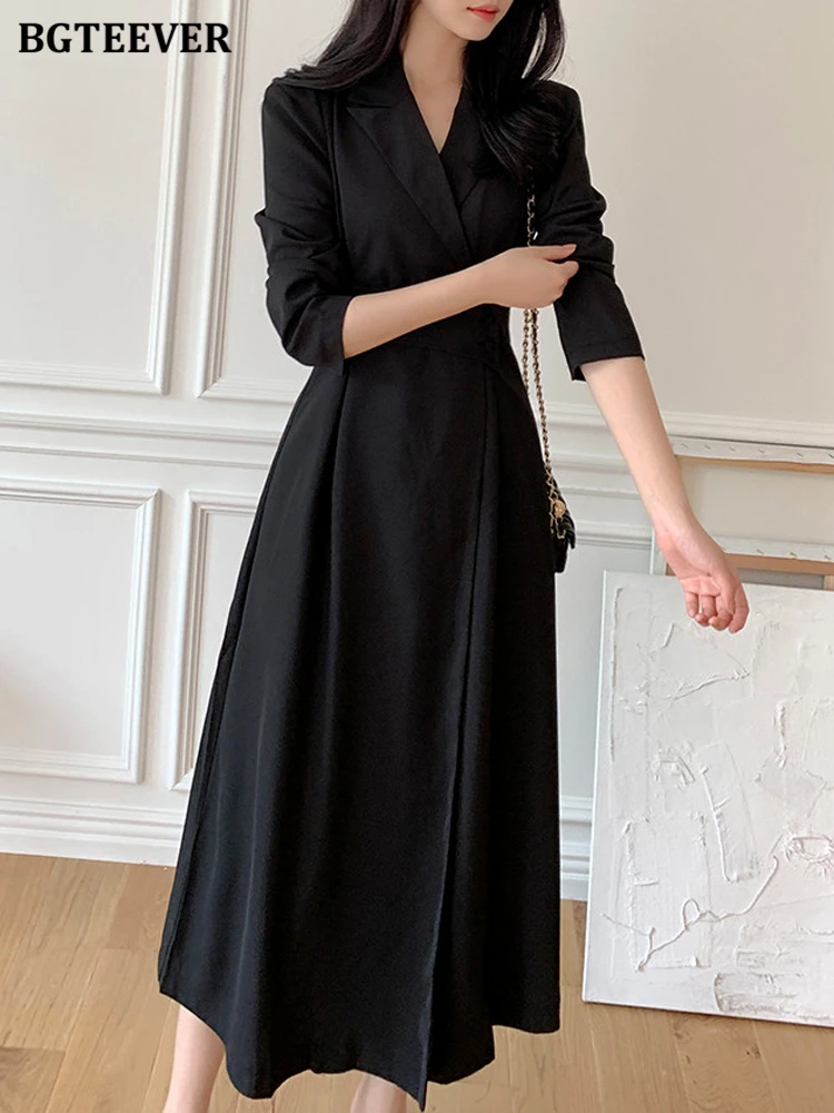 BGTEEVER Elegant Notched Collar Solid Suit Dress Women Spring Autumn Long Sleeve Belted Slim Waist A-line Dress Female