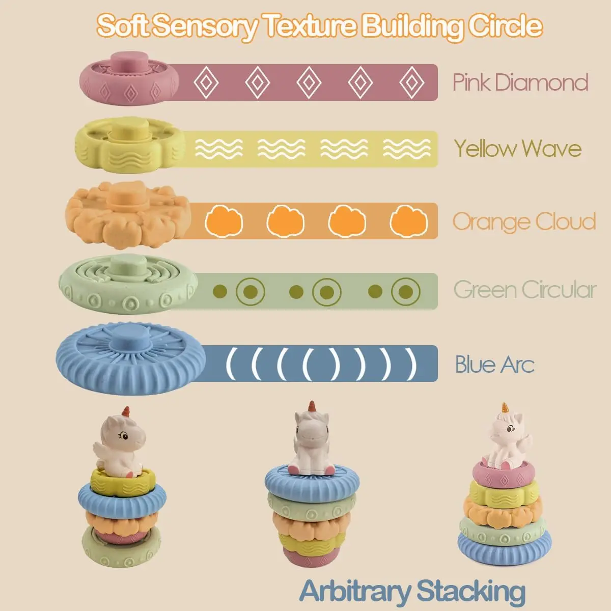 Baby Stacking Nesting Toys, Soft Squeeze Building Circle with Pink Horse, Baby Teething Toy Sensory Early Educational Toys for N