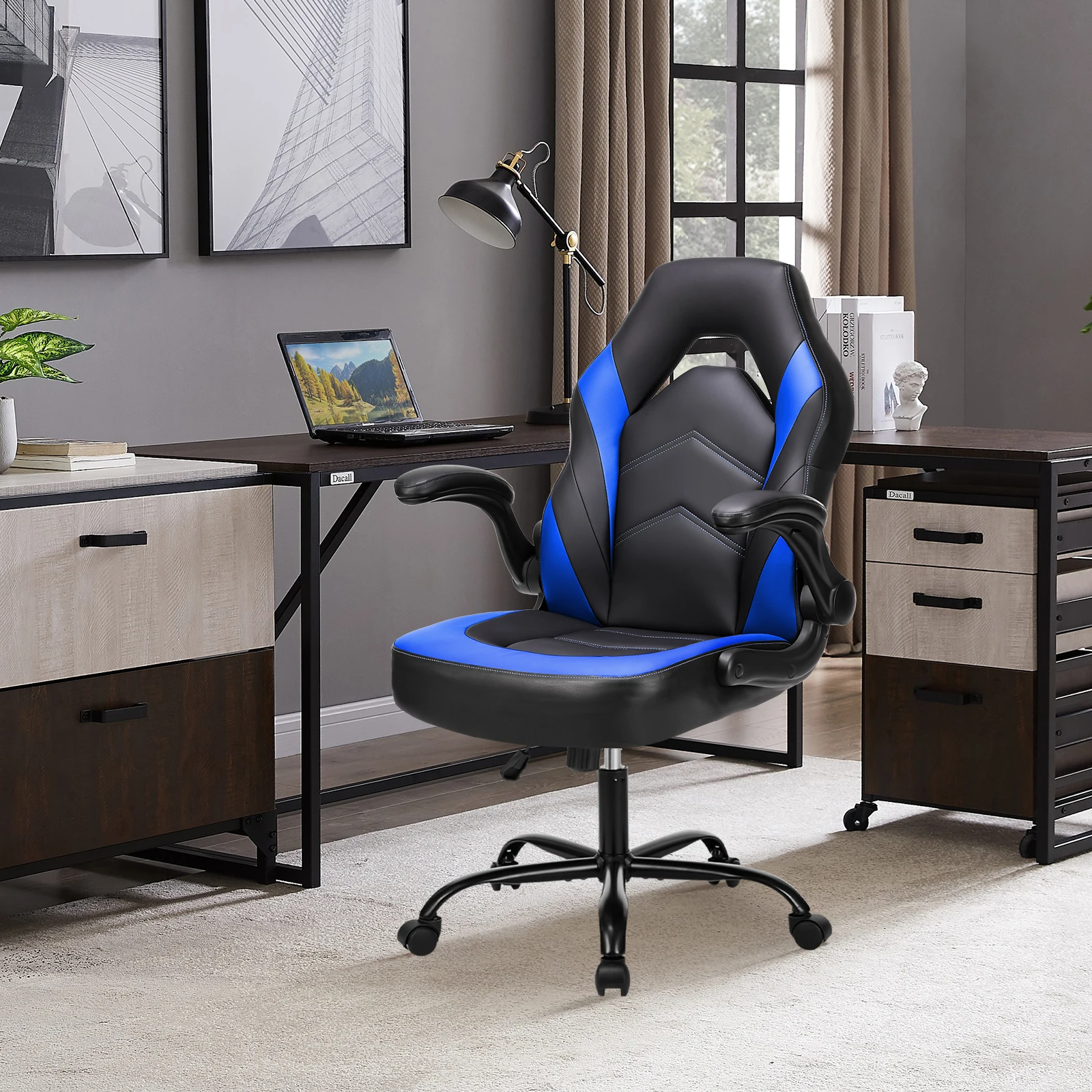 MCQ Gaming Chair Ergonomic Office Chair with Swivel Rolling Adjustable PU Leather Racing Chair Flip-up Armrest For Furniture