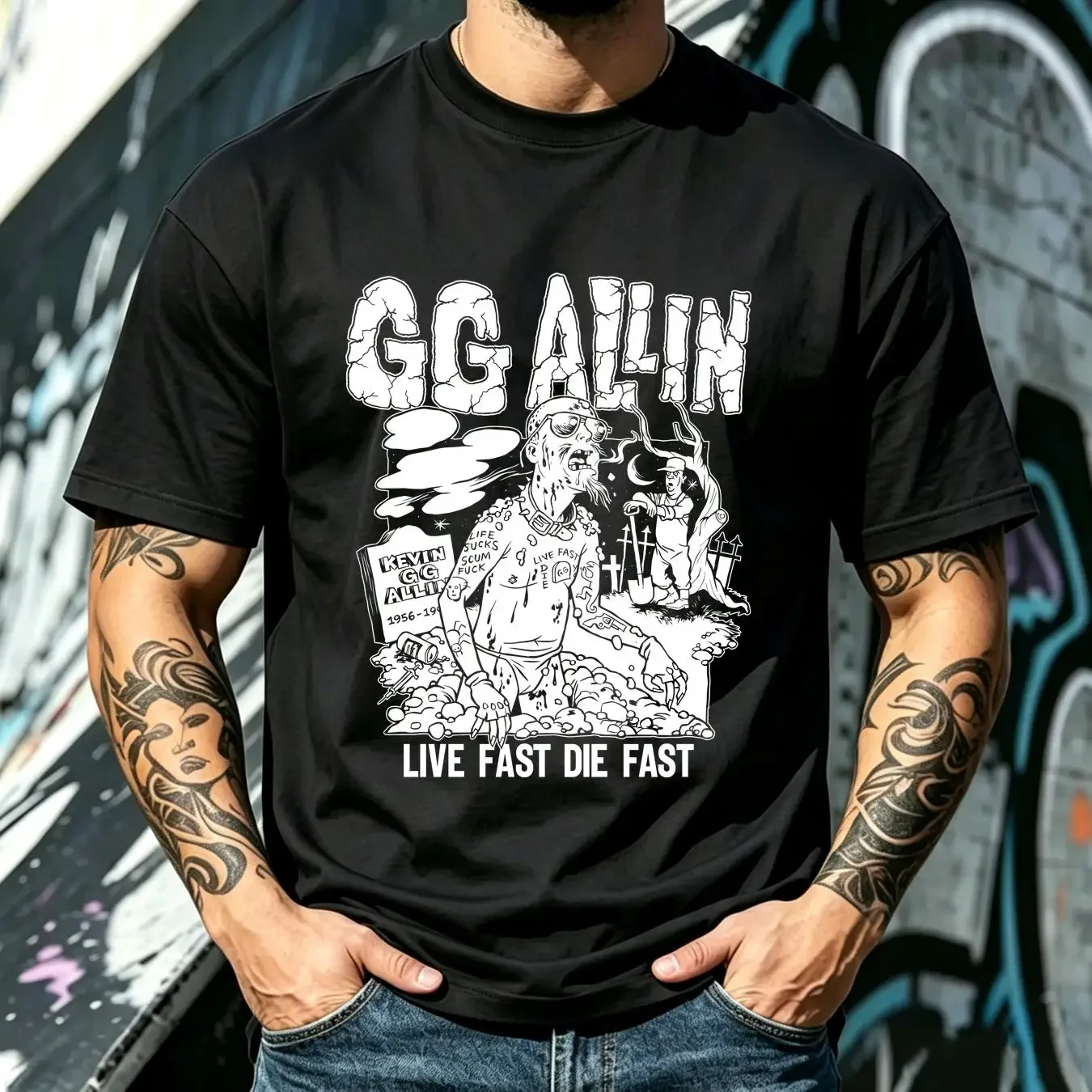 washed T Shirt GG ALLIN Live Fast Die vintage retro punk rock artist vintage Washed Slightly Stylish designer clothes Unisex