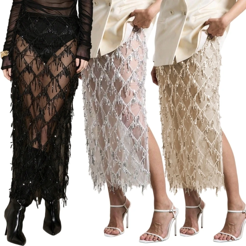 Women's Sequins Fringe Skirt A Line Temperament High Elastic Comfort Side Slit Design for Nightclub and Festival Wear