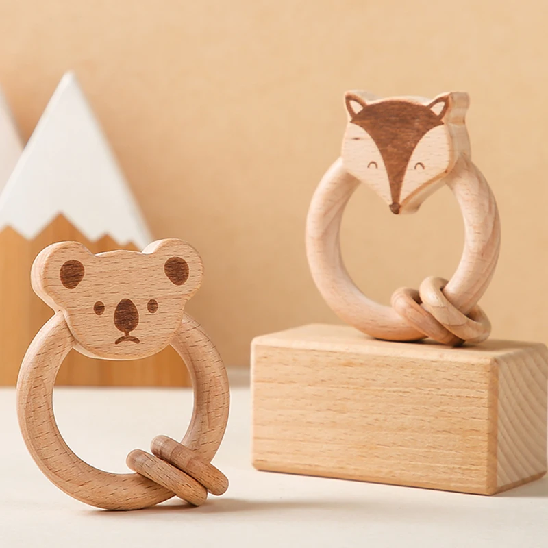 Wooden Toy Rattle Montessori Educational Toys Early Beech Animal  Bear Hand Teething Wooden Ring Baby Rattles for Newborn Baby