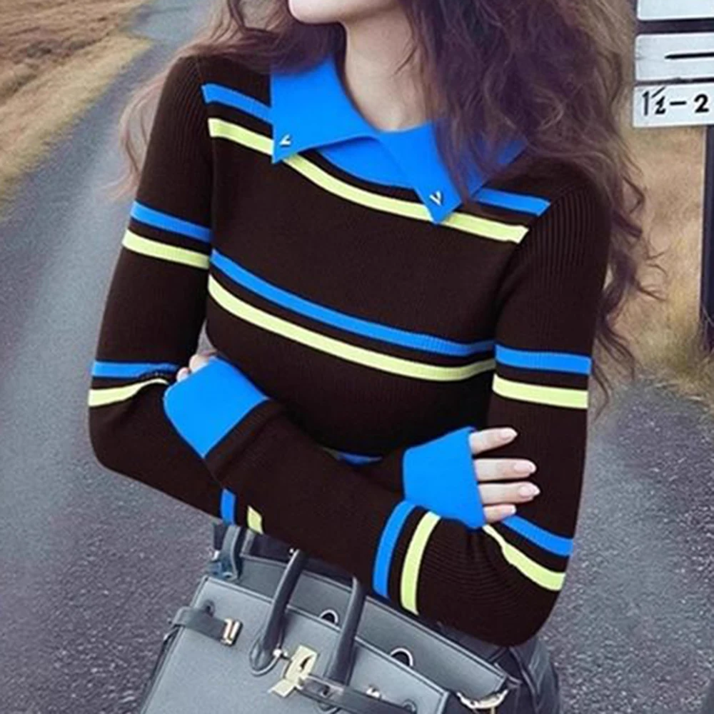 

Retro contrasting striped polo neck sweater bottoming shirt women's 2025 new high-end top bear jumper