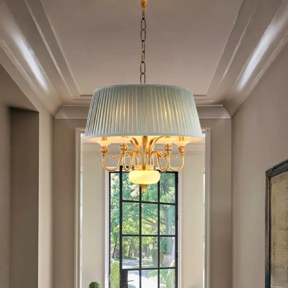 Classic Blue Fabric Shade Chandelier, Pure Brass with Real White Jade, LED Hanging Light for Living Room Villa Staircase