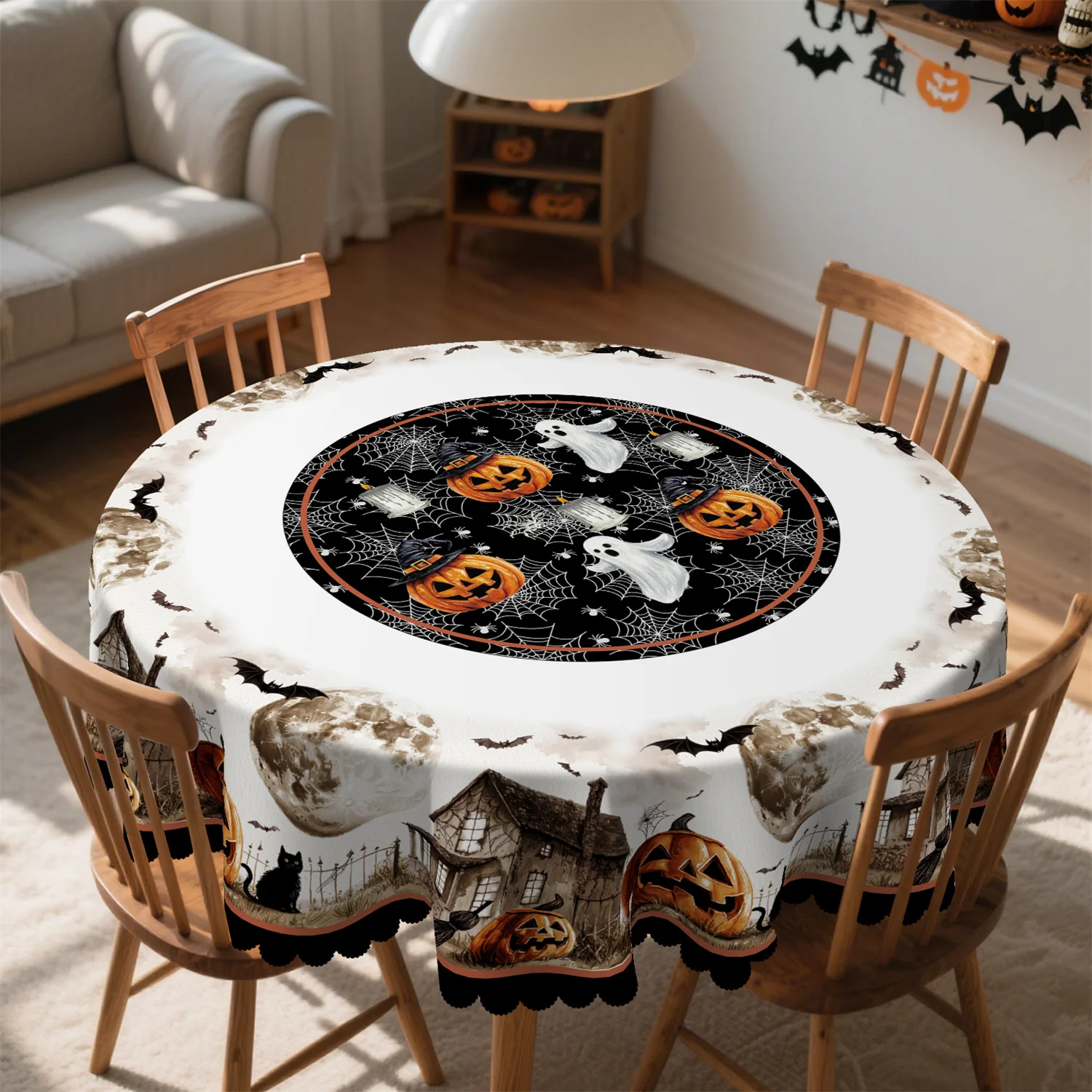 Retro cottage pumpkin moon fence cat broom Halloween tablecloth - suitable for horror party decorationzyc