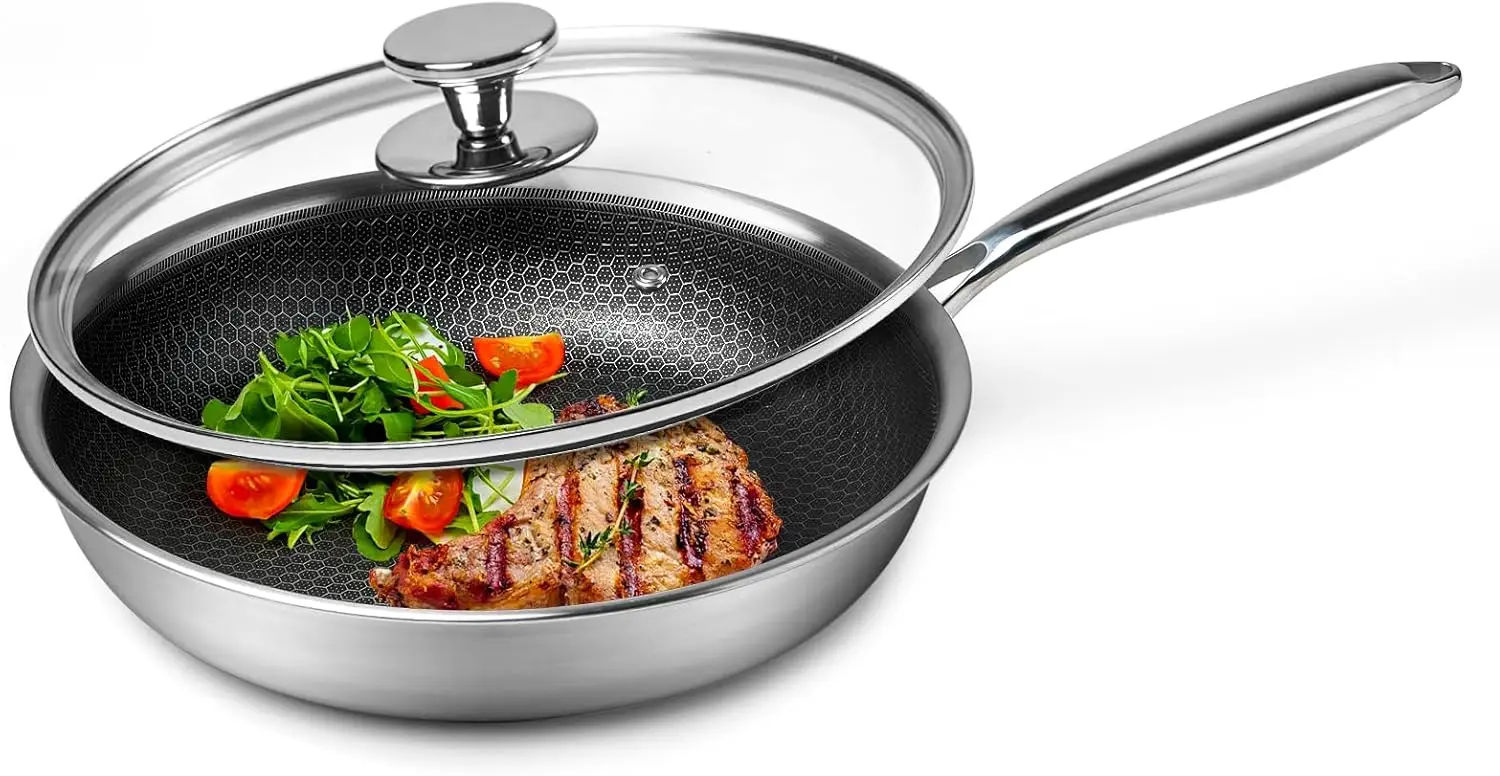 

10-Inch Stainless Steel Nonstick Frying Pan with Lid, Honeycomb Design for Even Heating on All Stoves