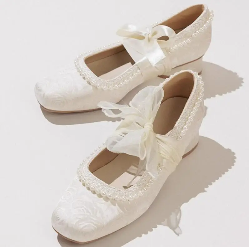 Beige White Flower Satin Pearls Mary Jane Single Pumps Women Chunky Heels Mesh Bandage Summer High Heel Shoes view 4