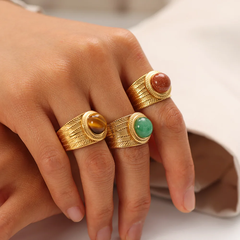 YHTOT Vintage 18K PVD Stainless Steel Gold Color Tiger Eyestone Ring Texture Wide Face Stackable Ring Ladies Jewelry Party Gift