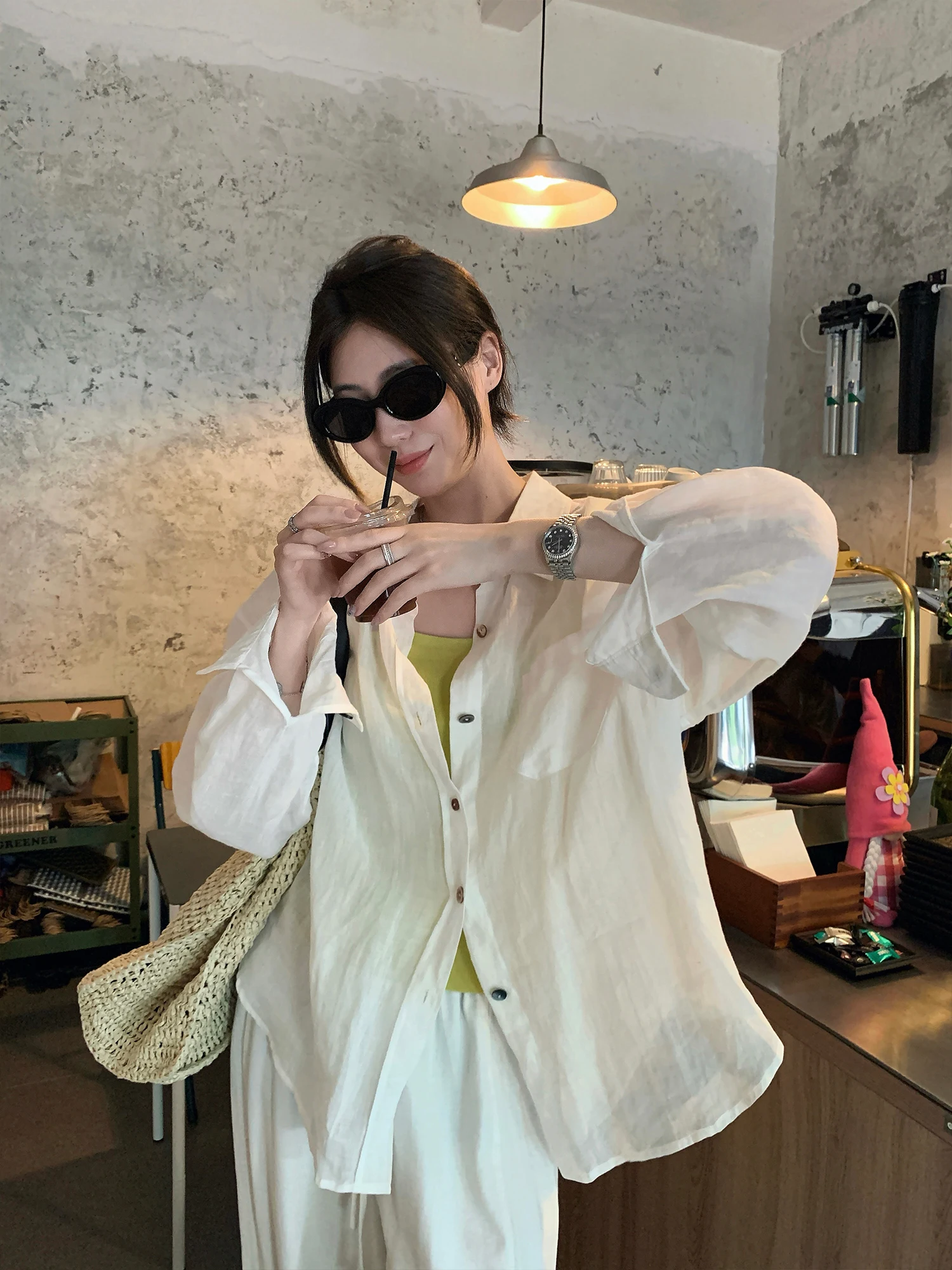 

l 00% Flax White Casual Long Sve irt Transparent Skin Feel Loose Sun Protection Open Cardigan Sle Women's irt