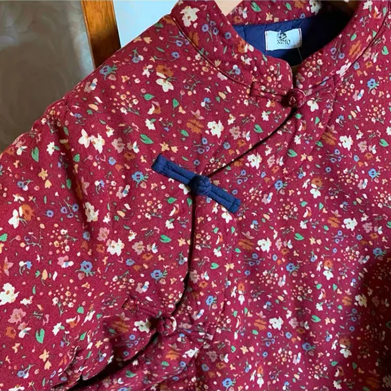 Estilo chinês floral impressão linha jaqueta feminina outono inverno novo sapo botão suporte color algodão grosso solto casaco feminino