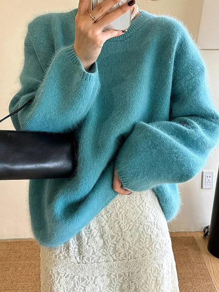 

Свободный длинный свитер для похудения, круглый вязаный свитер Ne, женский повседневный удобный однотонный топ с европейским дизайном