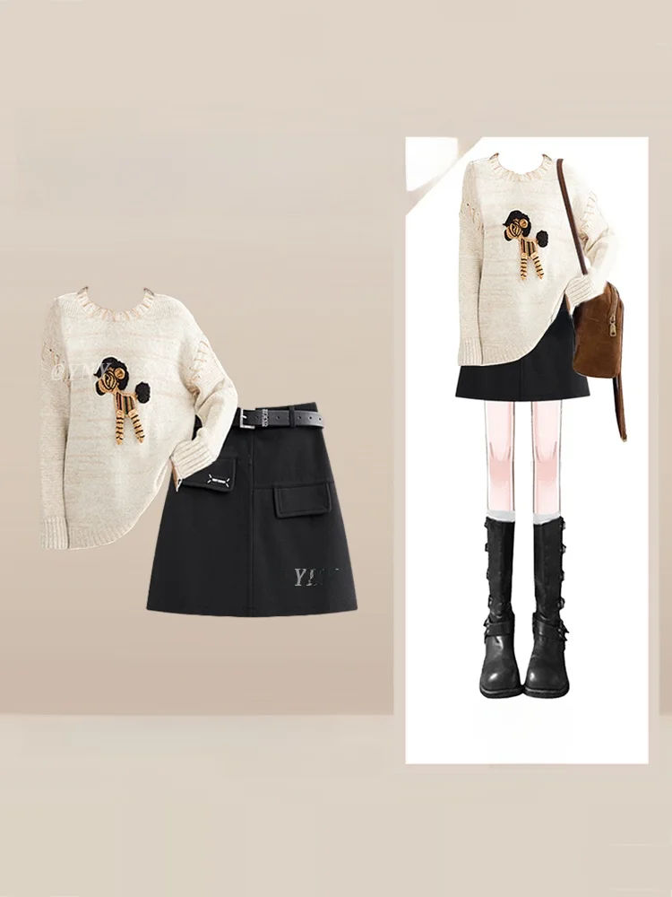 

Salt Series Light Maturity Style Women's Knitted Sweater And Short Skirt Set round Neck Embroidery Design Autumn Winter Fashion