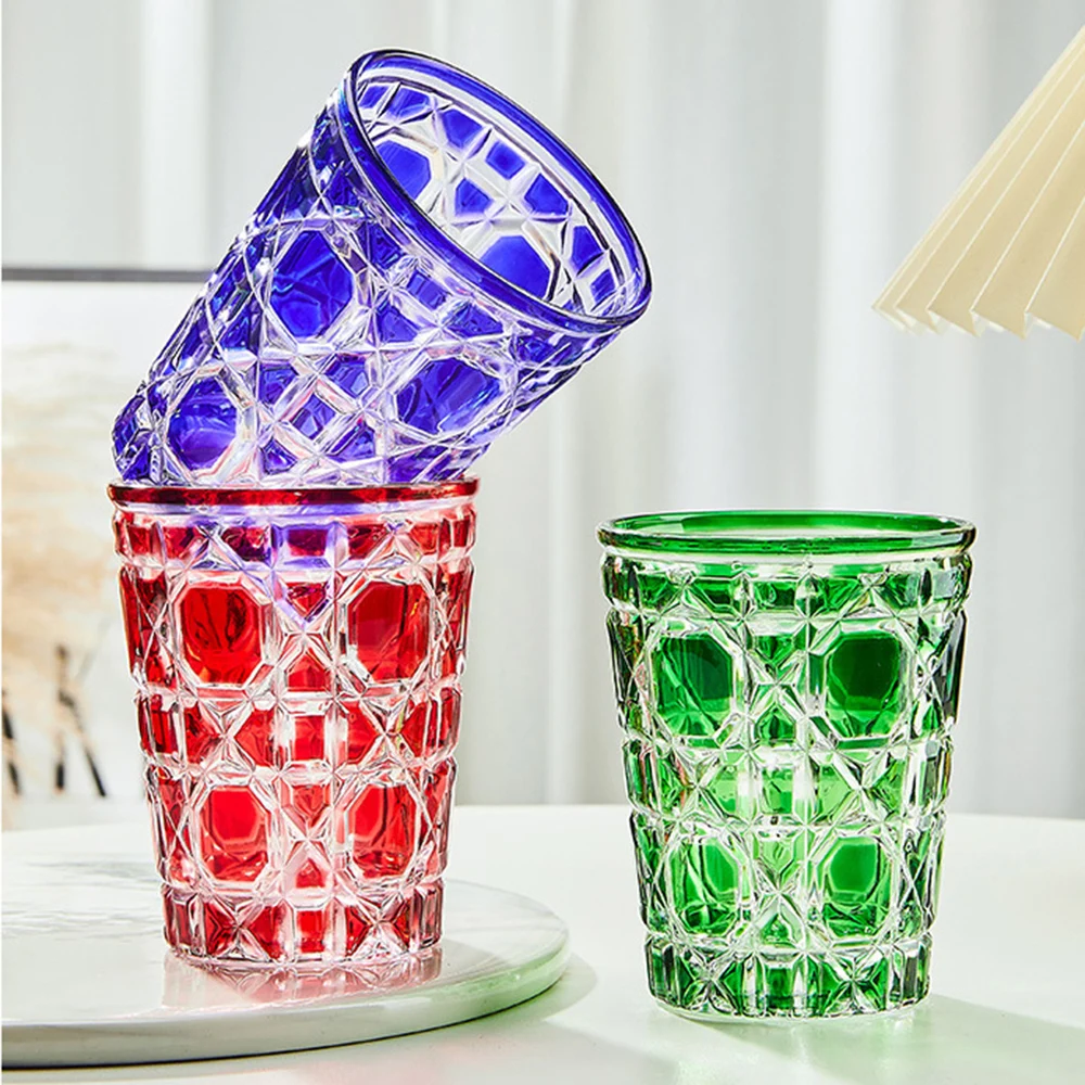 2pcs, European colored checkered whiskey glass, Carved beer mug, Diamond lattice glass cup, Imported wine galss gift box set