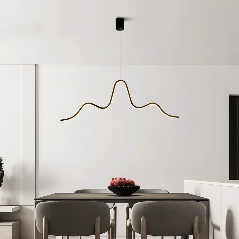 Minimalist Copper Wave Line Chandeliers Dining Room Kitchen Bar Hanging Lighting Fixtures 3 Color Temperature Dimming