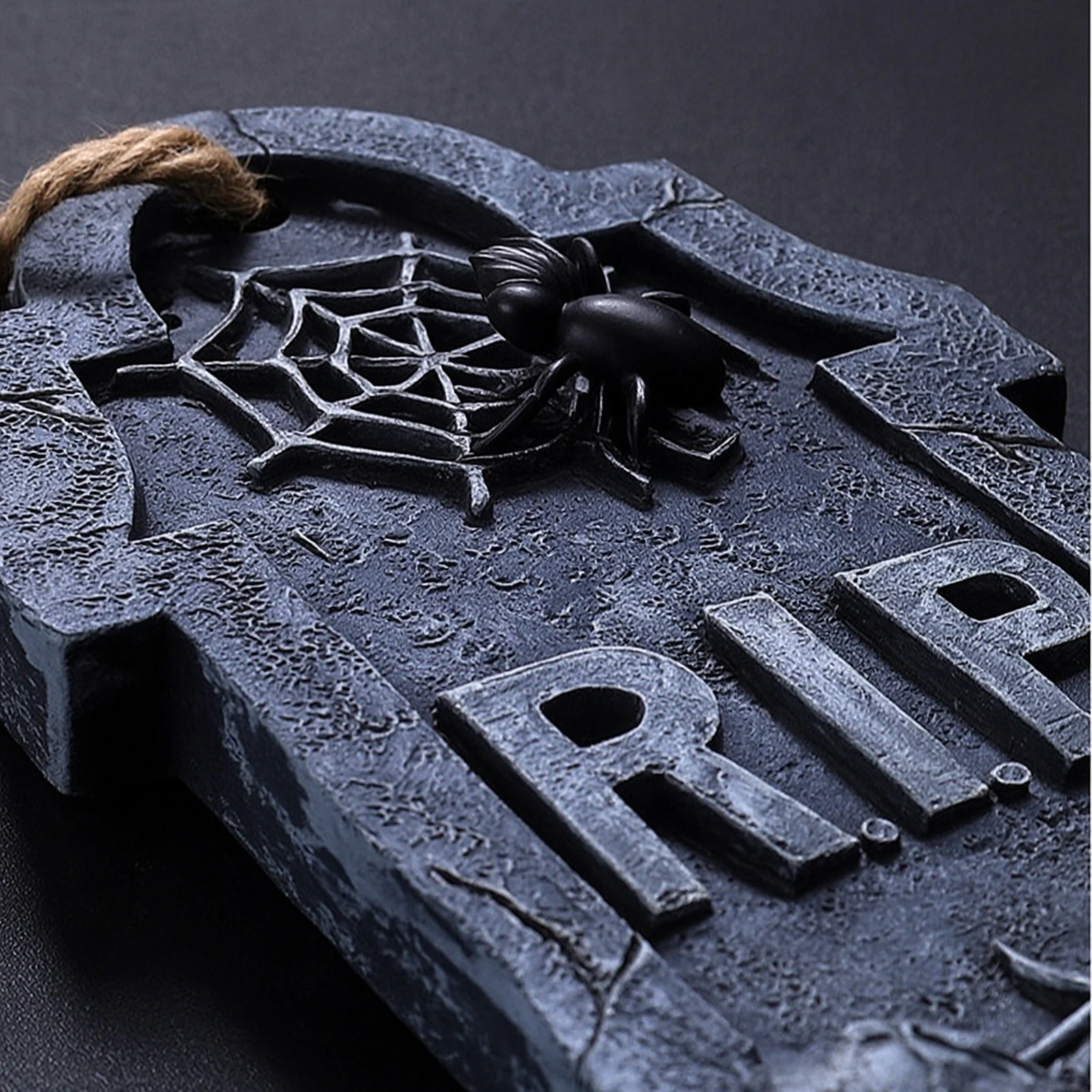 Hanging Tombstone Ornament Stone-Look Tombstone with Jute Rope Resin Gravestone Spooky Gothic for Halloween Party, Haunted House
