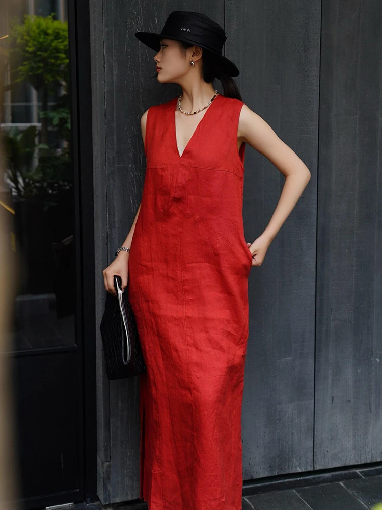 Boho Angora Czerwona Lniana Kamizelka z Dekoltem w Serek Damska Letnia Elegancka Wycięta Wyszczuplająca Kamizelka do Chodzenia na Zewnątrz