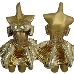 Sparkly Gold Diamond Sexy Top Short Skirt 2-Pcs Set Women Celebrate Party NightClub Performance Dancer Stage Outfit Feidie