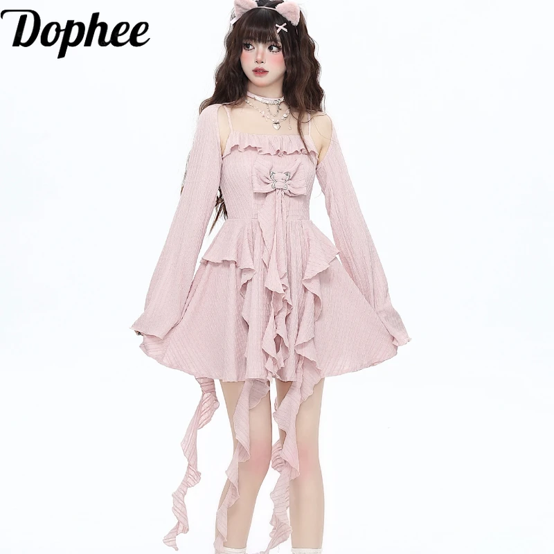 

Dophee Original New Summer Elegant Seaside Holidays Fairy Dress Women Cute Ruffles Bow Pink Camisole Dress Young Girl Mini Dress