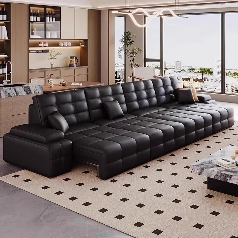 Electric backrest function, genuine leather sofa bed, first-floor cowhide in the living room, extendable for small apartments