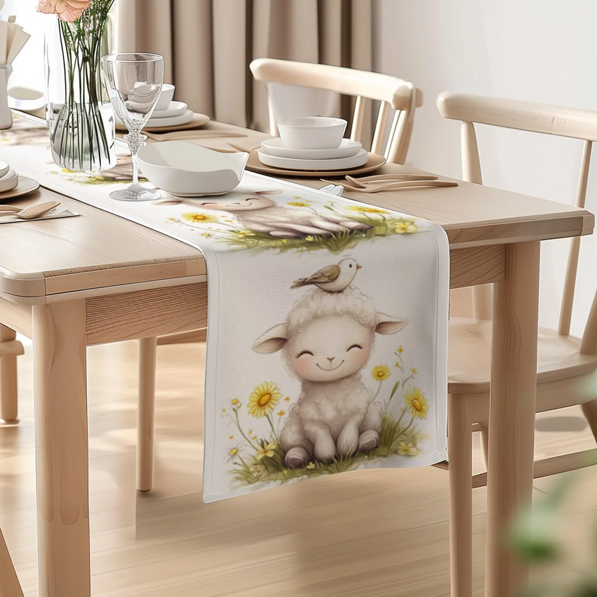 print table runner Cute Lamb and Daisy Springtime Pastoral Style Table Flag for Kitchen, Dining Room, Outdoor Garden Parties Pol