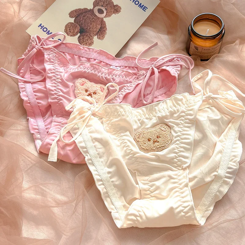 Cartoon Bear Embroidery Women Panties Large Size Underwear Milk Silk Princess Lolita Bow Briefs Cute Sweety Ribbon Lingerie