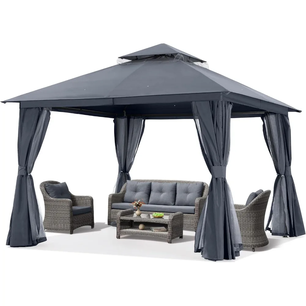 

Outdoor Patio Gazebo 11x11 - Double Roof Canopy with Mosquito Netting and Curtain for Backyard, Deck, Garden, Lawn, Dark Grey