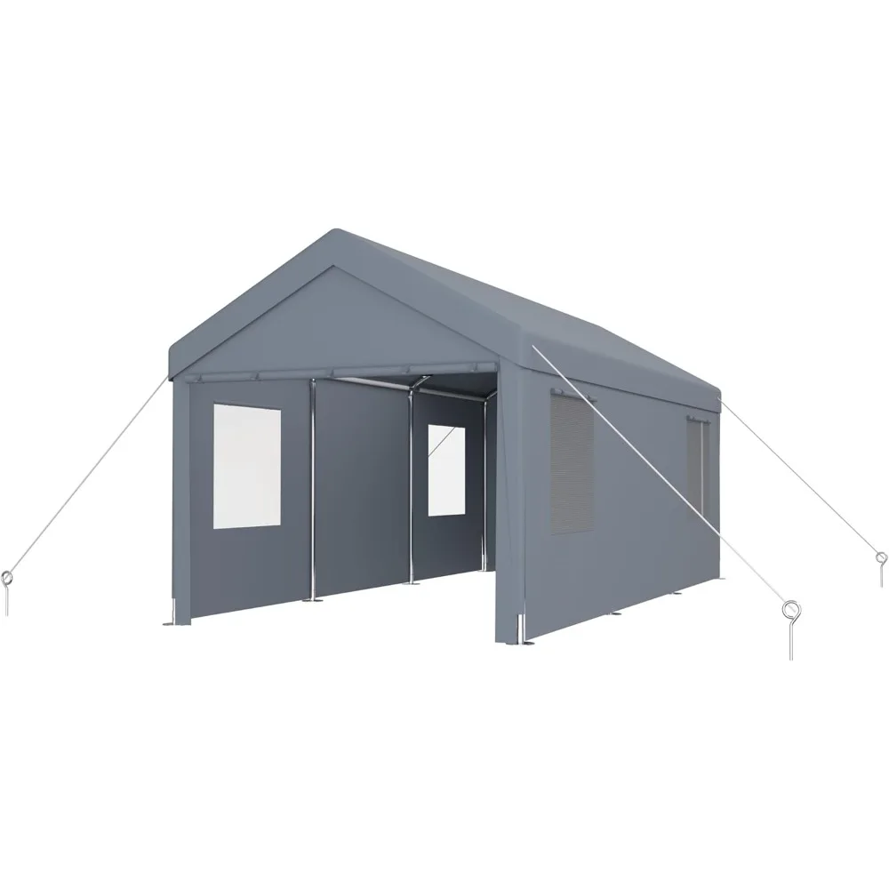 

Portable Garage Canopy 12' x 20', Heavy Duty Carport with Roll-up Doors and Ventilated Windows, Grey