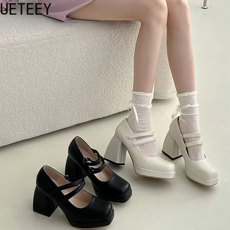 Designer 9cm Thick Heel Women Mary Jane Shoes Fashion Square Toe Shoes Ladies Elegant Platform Wedges High Heels Shoes