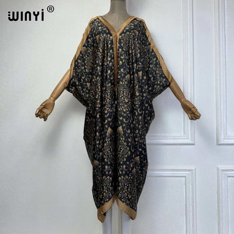 WINYI Summer african V-neck dress Printed beach wear women 2024 Loose Femme Robe Muslim beach cover ups silk feel evening dress