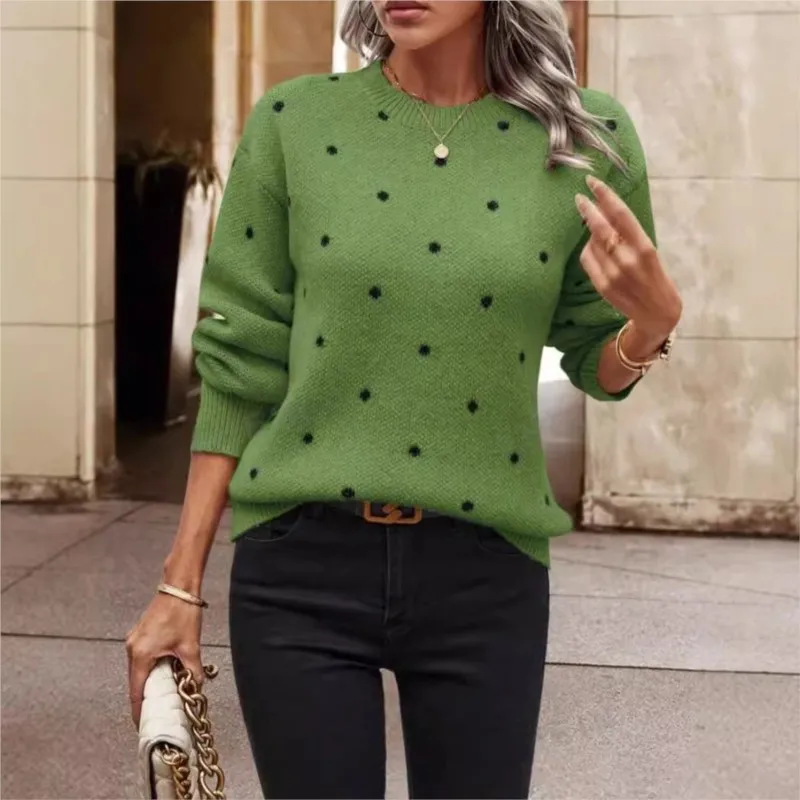 

Knit Sweater Dot Women Long Sleeve Pullover Round Neck Solid Jumper Warm Regular Autumn Winter Thick Knitted Tops Office Lady