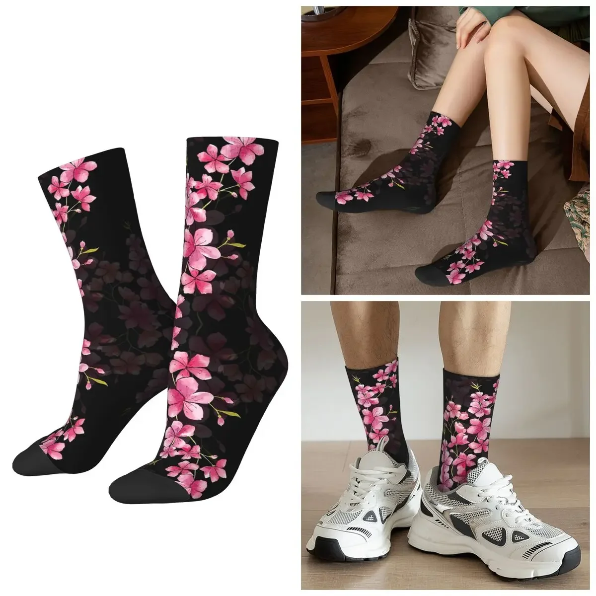 

All Seasons Cherry Blossoms On Black Socks Harajuku Crew Socks Super Soft Stockings for Men Women Valentine's Day Gifts