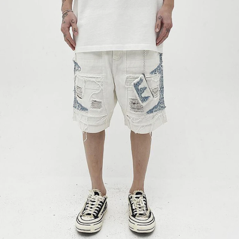 Mens High Street Denim Jean Shorts Casual Loose Destroyed Ripped Holes Loose Shorts Patchwork Hip Hop Streetwear Short Joggers