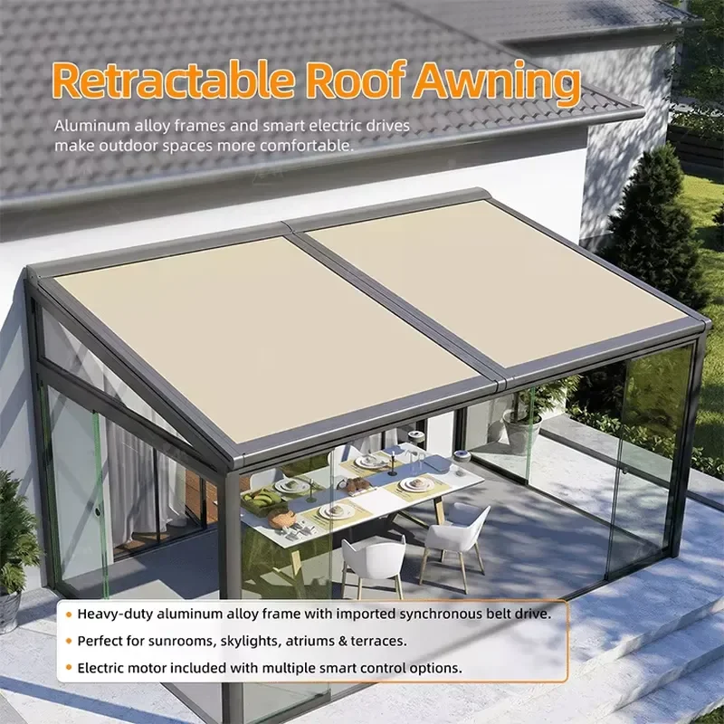 Motorized Aluminum Alloy Modern Waterproof Retractable Roof Awning System for Conservatory and Glassroom Gardens