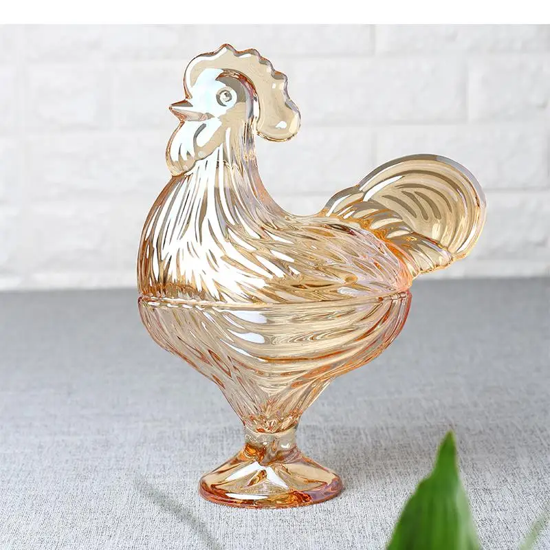 Glass Candy Jar Chicken Shape Transparent Decorative with Cover Snack Tray Ornaments Decorations Storage Organize Box