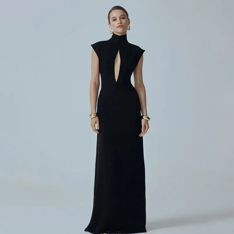 2026 Sommer Neues Modisches Amerikanisches Sexy Schwarzes Figurbetontes Kleid mit Stehkragen, Brustausschnitt und Netzstoffeinsatz für Damen