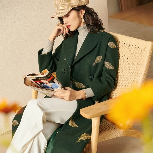 Winter Wool Long Coat Embroidery Adjustable Waist Jacket Green Wool Blends Women Fashion Overcoat Vintage Runway Wool Blends AliExpress