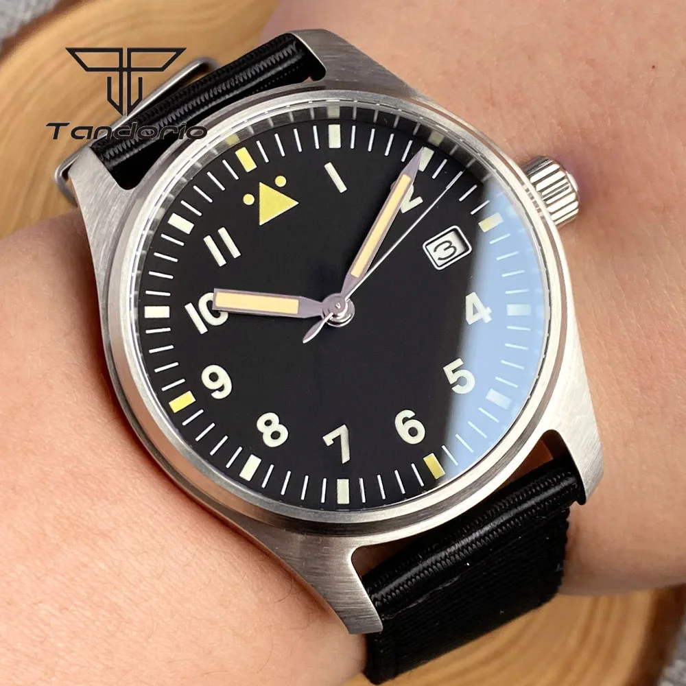 Tandorio 39mm Stainless Steel/Titanium Case 20Bar Dive Pilot NH35A Date Luminous Automatic Men Watch Sapphire Crystal Wristwatch