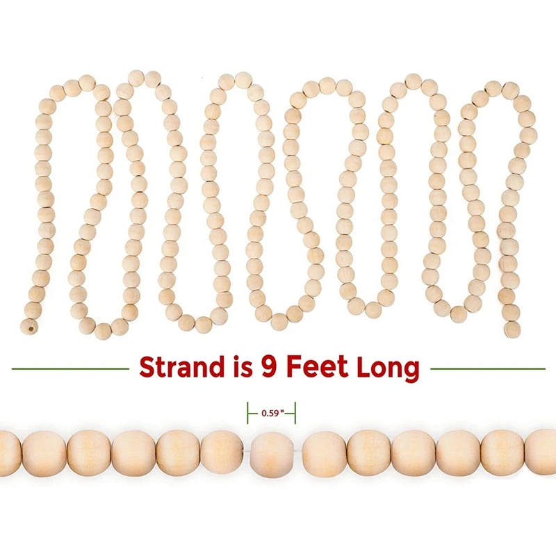 9 Foot Natural Wood Bead Christmas Garland Wooden Christmas Tree Garland Perfect For Rustic Natural Country Farmhouse