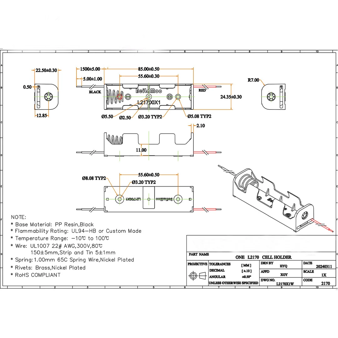 1Slot 21700 Battery Holder 21700 Battery Storage Box 21700 Case With Leads /With Pin/With Terminals