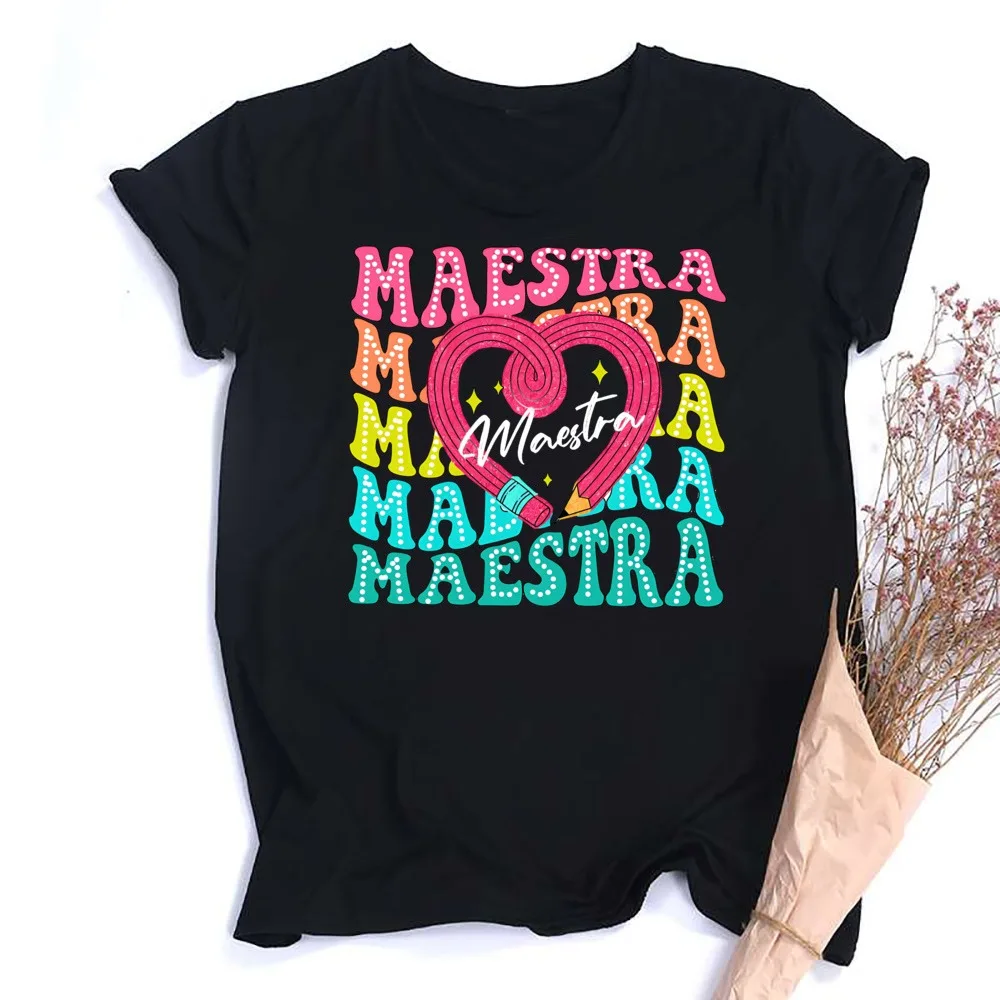 Welcome Back To School Maestra Shirt Funny Teacher Shirts Gift for Teachers Spanish Teacher Rainbow Pencil Printed Tops