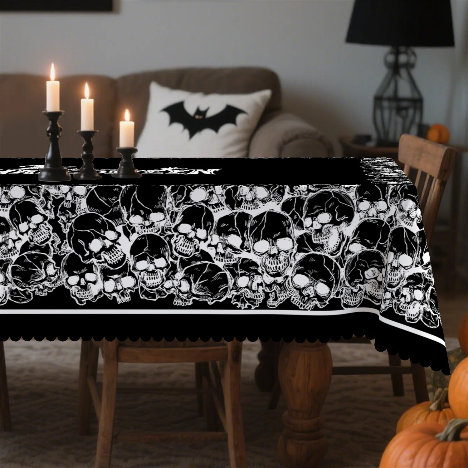 Black and white skull-themed Halloween tablecloth, 1 set, suitable for kitchen table.zyc