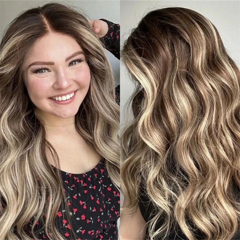 

Ombre Brown Wigs Balayage Wig Body Wave Curly Wave Wigs with Blonde Highlight Pre Plucked Glueless HD Lace For Women Daily Party