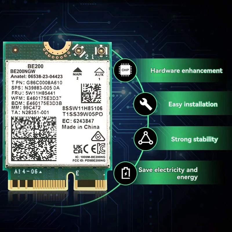 BE200 WiFi 7 Card+8DBi Antenna 2.4G/5G/6Ghz Bluetooth 5.4 WiFi Adapter 8774Mbps Wireless Network Card for Win10/11