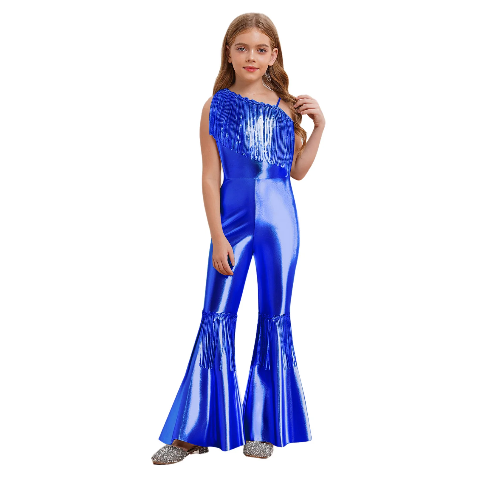 

Kids Girls Jazz Latin Dance Jumpsuit Off-the-shoulder Sleeveless Sequins Tassels High Waist Flared Pants Bodysuit Dancewear