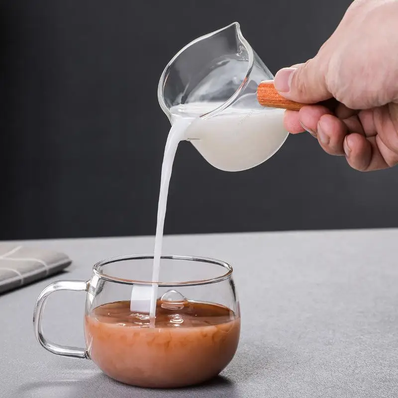 New Glass Measuring Cup With Wood Handle Glass Espresso Measuring Cup Double Single Mouth Milk Coffee Clear Mug Coffee Supplies